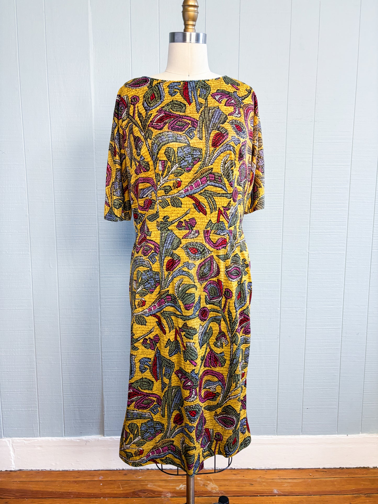 50's 60's Mrs. Maisel Golden Yellow Leaf Wiggle Dress | L