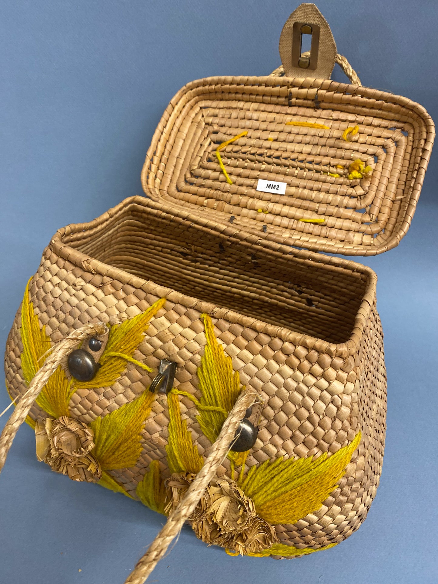 50's 60's Mrs. Maisel Rattan Straw Box Purse Yellow Yarn Floral