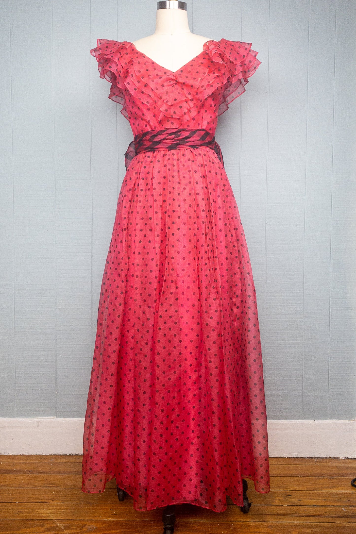 80's Magenta Pink Polka Dot Ruffle Gown | XXS/XS