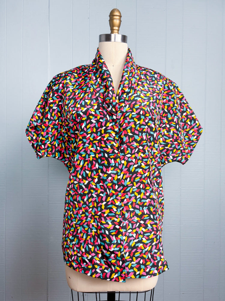 80's Rainbow Confetti Navy Blouse | XL