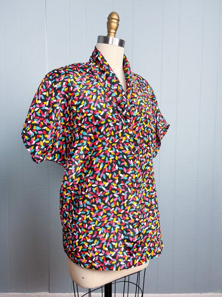 80's Rainbow Confetti Navy Blouse | XL