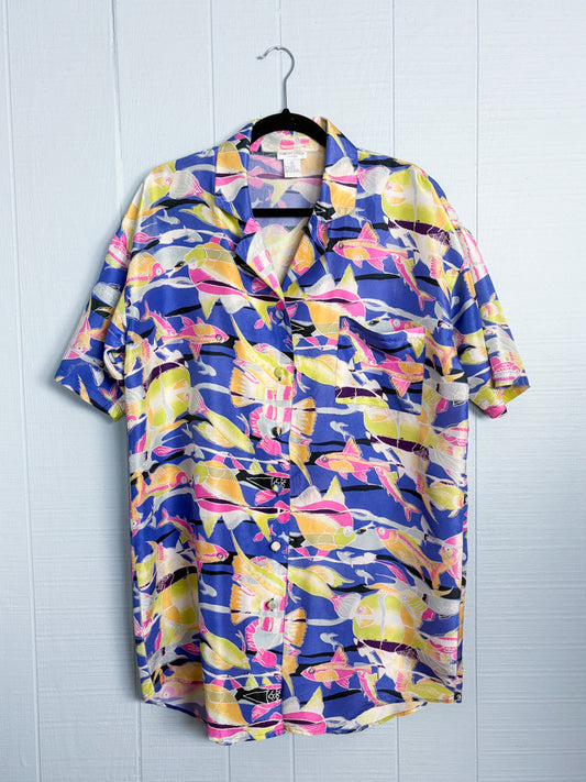80's 90's Fish Silk Short Sleeve Shirt