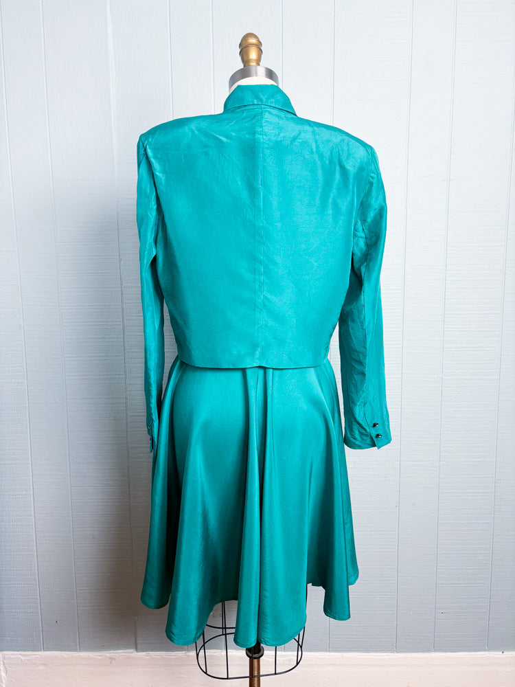 80's Teal Silk Cropped Blazer & Skater Skirt Set