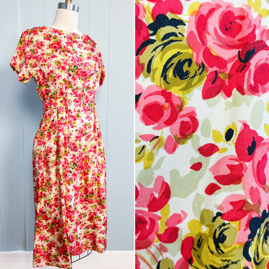 50's 60's Mrs Maisel Red Roses in Bloom Cocktail Dress | S/M