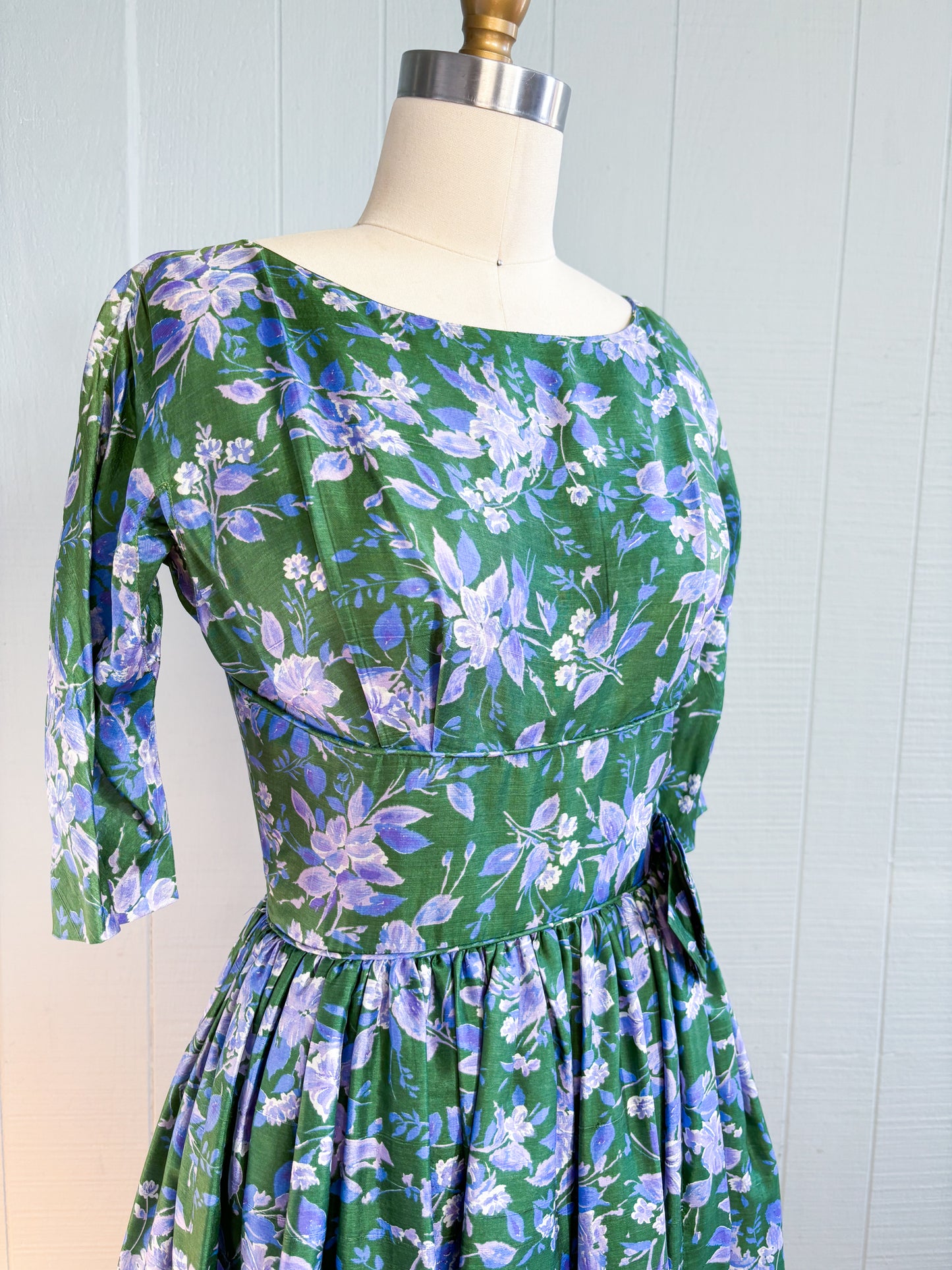 50's 60's Mrs Maisel Green & Purple Floral Empire & Flare Cocktail Dress