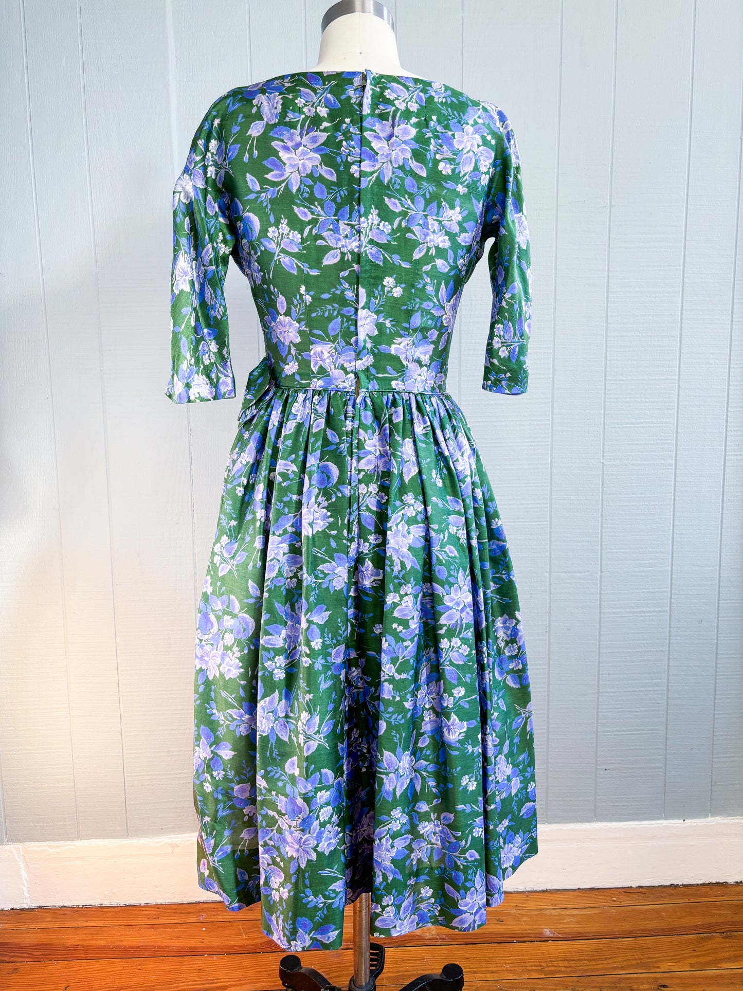 50's 60's Mrs Maisel Green & Purple Floral Empire & Flare Cocktail Dress