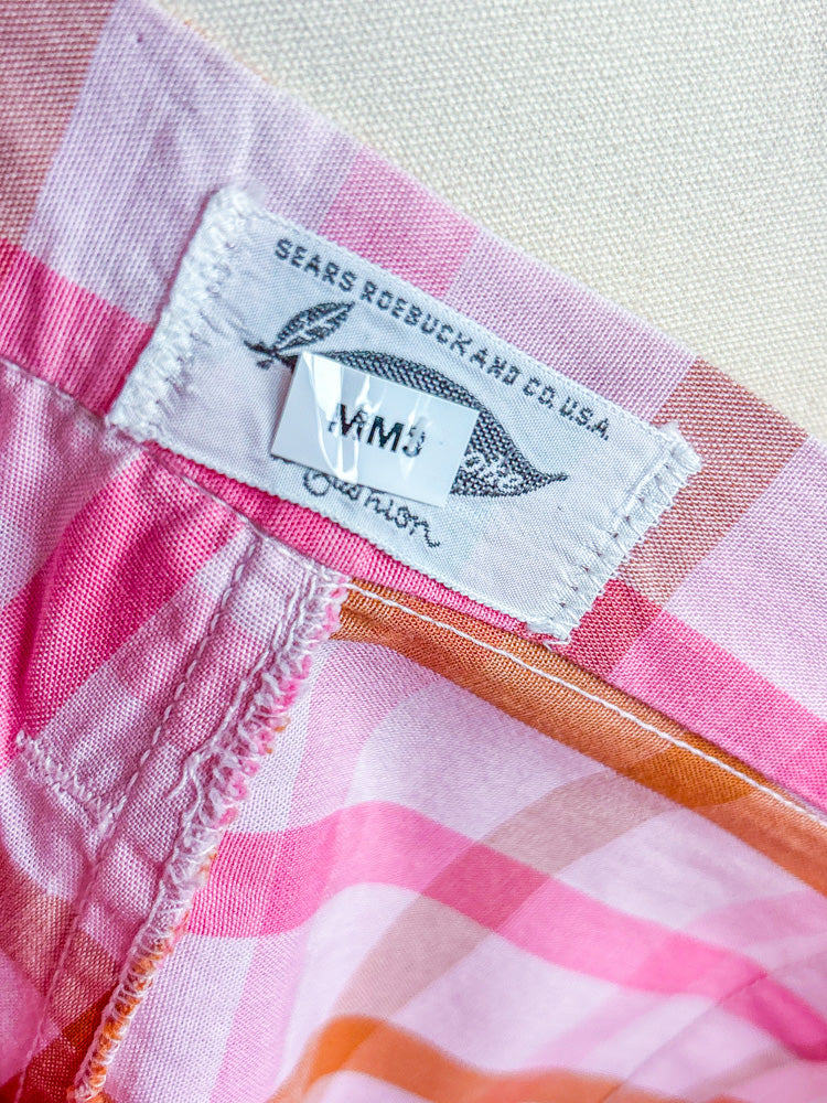 50s 60s Mrs. Maisel Pink & Orange Plaid High Waist Shorts | S/M