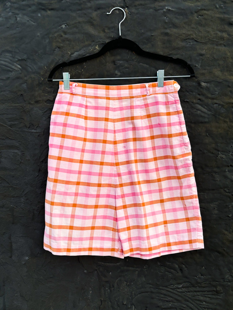 50s 60s Mrs. Maisel Pink & Orange Plaid High Waist Shorts | S/M