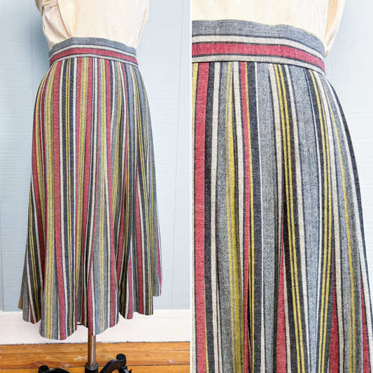50's Mrs. Maisel Grey Red Yellow Stripe Wool Pleat Skirt | W: 25"