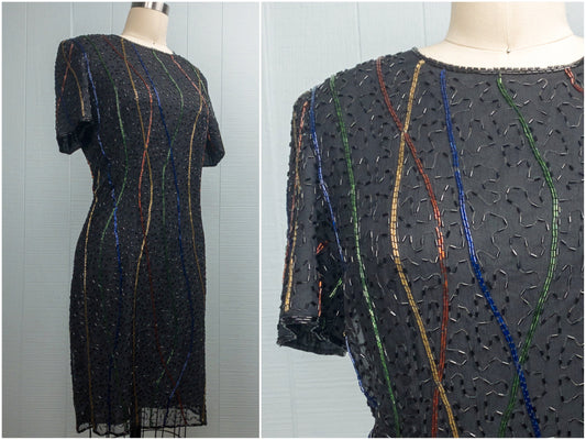 80's Black & Rainbow Beaded Shift Dress | M