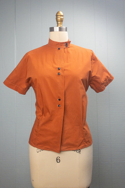 40s 50s Clay Orange Stand Collar Blouse | M