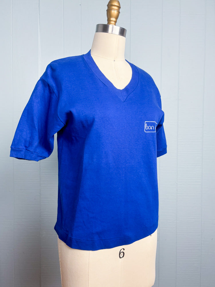 70's 80's Bonjour Paris Navy Blue V Neck Single Stitch Short Sleeve T Shirt