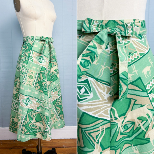 70's Safari Print Green Wrap Skirt