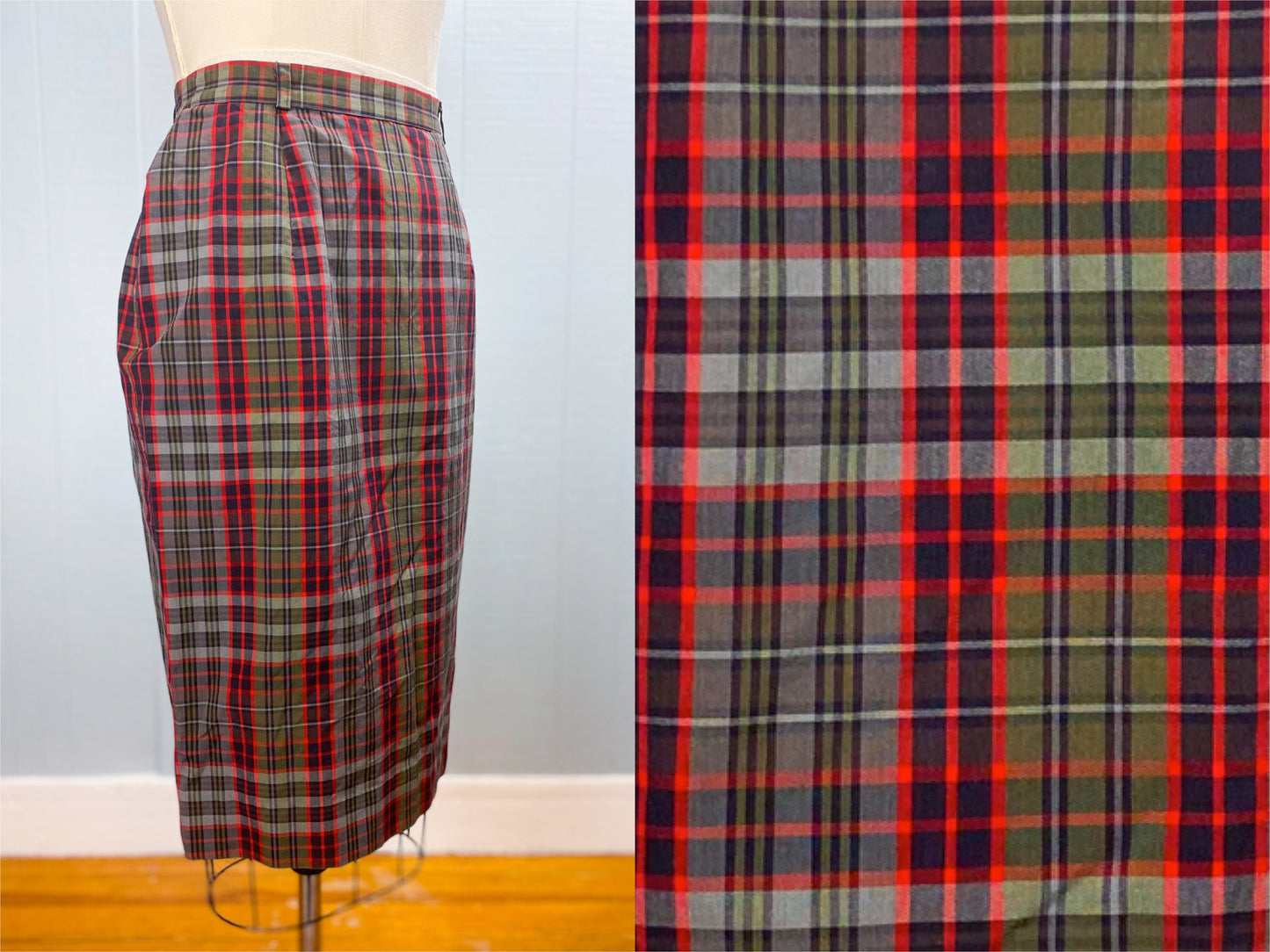 50's Juniorite Grey Green Red & Black Plaid Pencil Skirt | W 26"