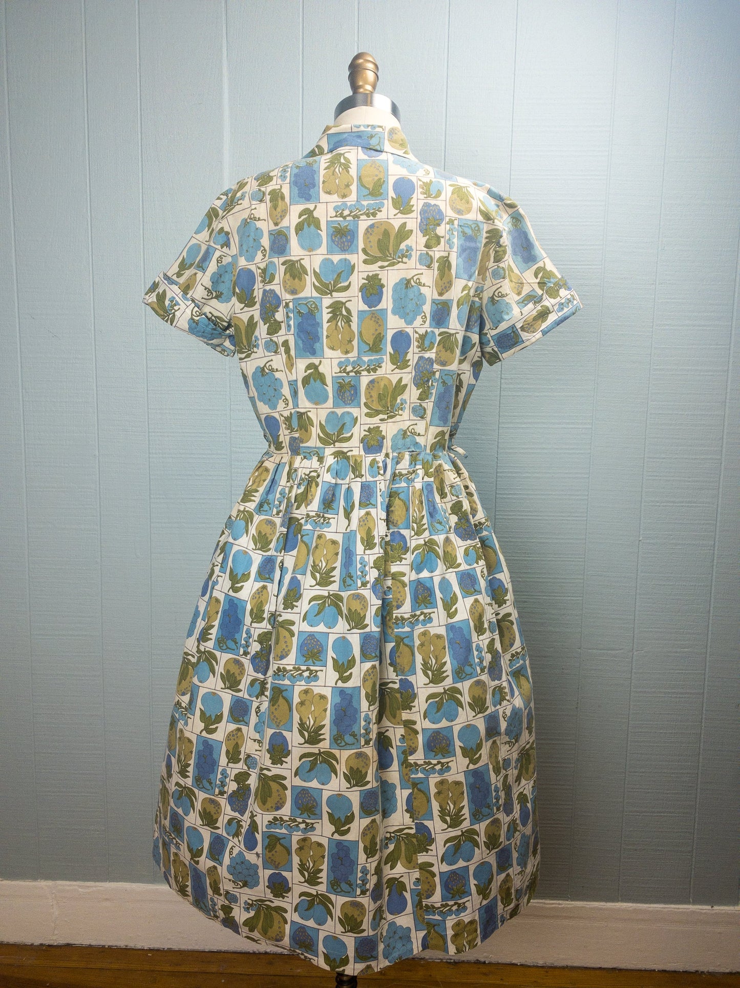 50s 60s Fruits in Blue Shirt Dress | S/M