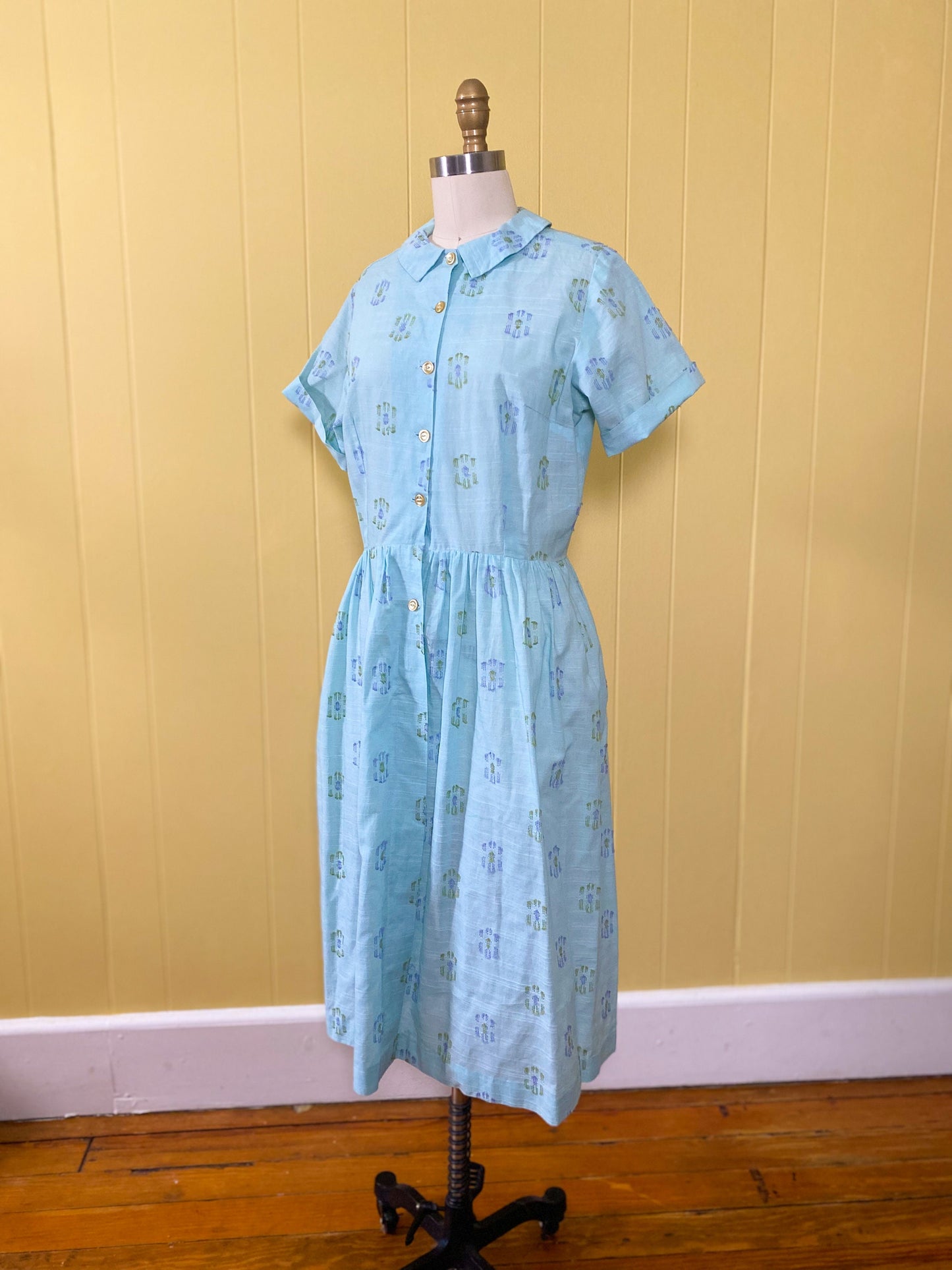 50s 60s Seafoam Cotton Day Dress | M/L