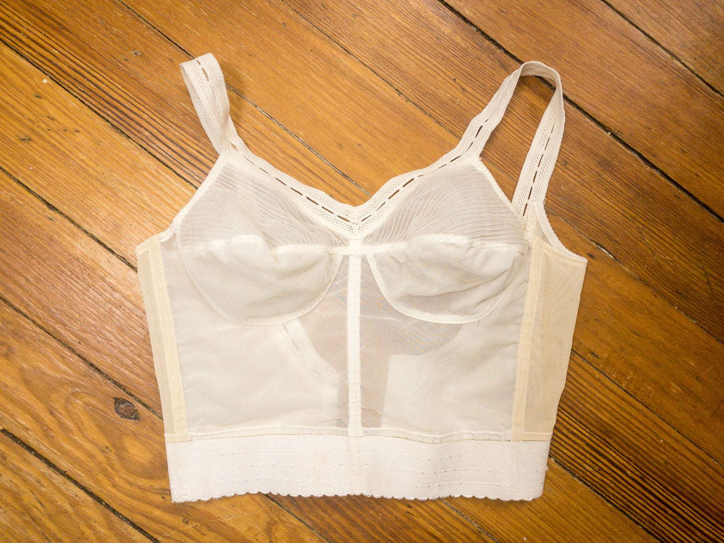 50's 60's Ivory Long Line Bustier Mesh Bullet Bra