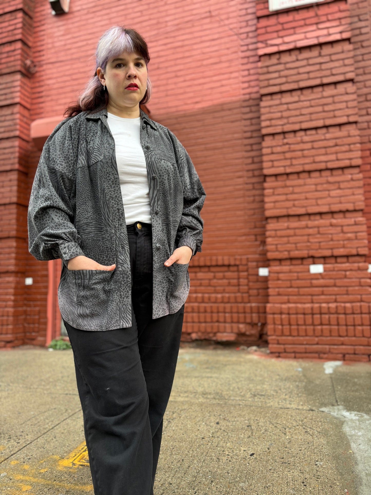 80's Grey Animal Print Leopard Drop Shoulder Shirt Jacket