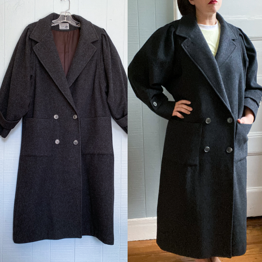 80's Charcoal Wool Overcoat | XL