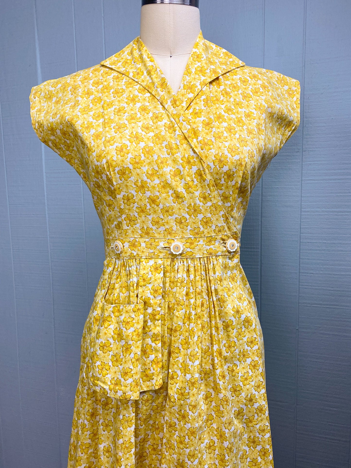 50s Yellow Daisy Flower Dress | XXS/XS