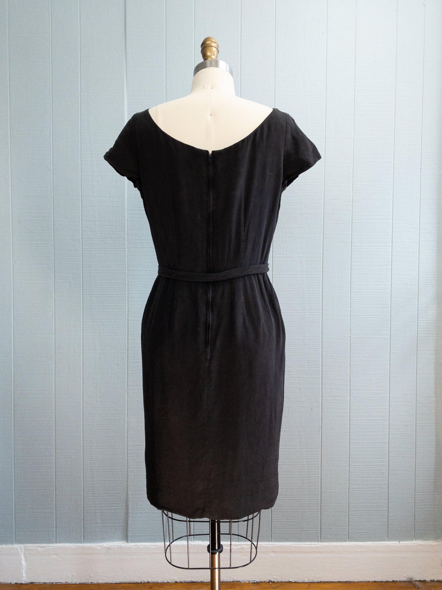 50's 60's Black Silky Wiggle Dress | S