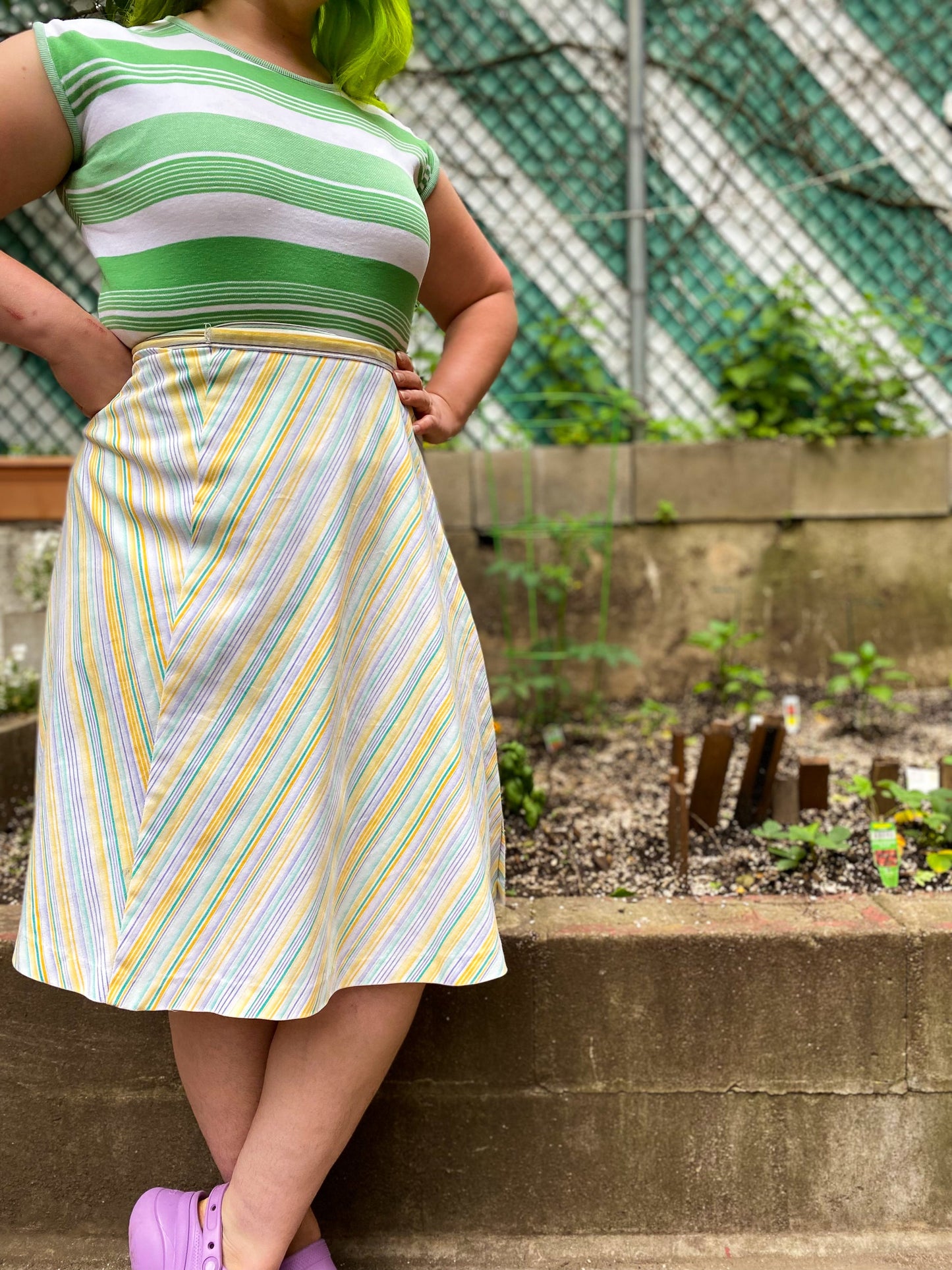 70's Jantzen Yellow & Lavender Stripe Wrap Skirt