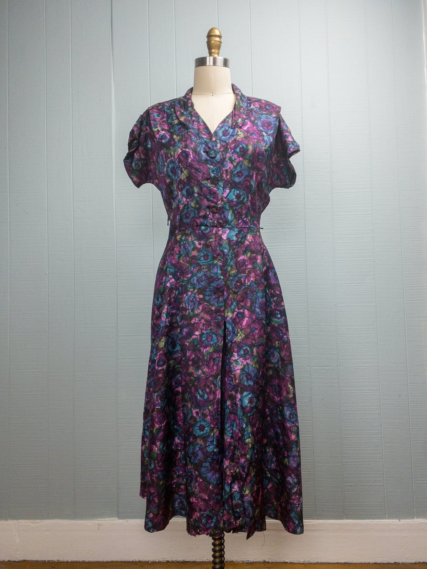 50's Purple Abstract Floral Dress | M/L