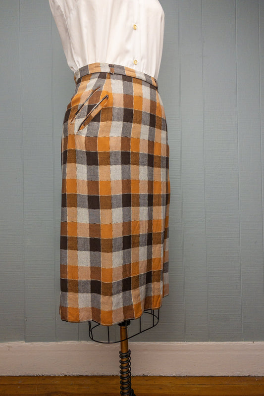 50's Orange Chocolate Plaid Skirt | S/M