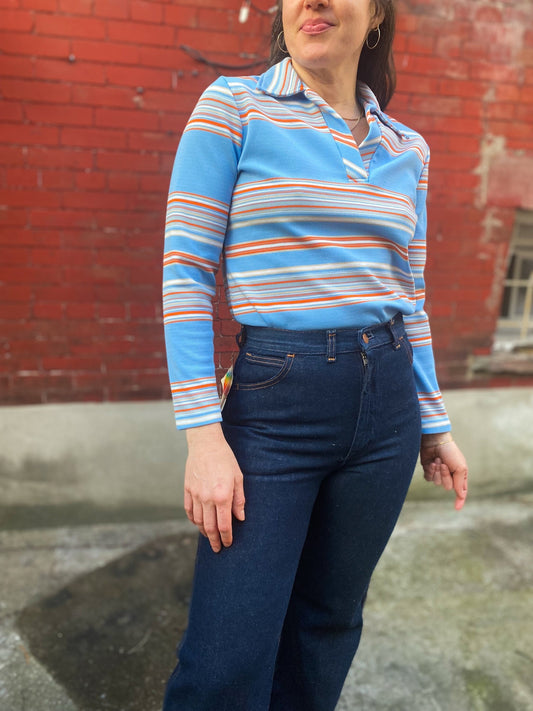 70's Sky Blue Striped Pullover Top | M