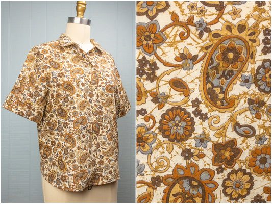 60's Brown Paisley Button Shirt | M/L