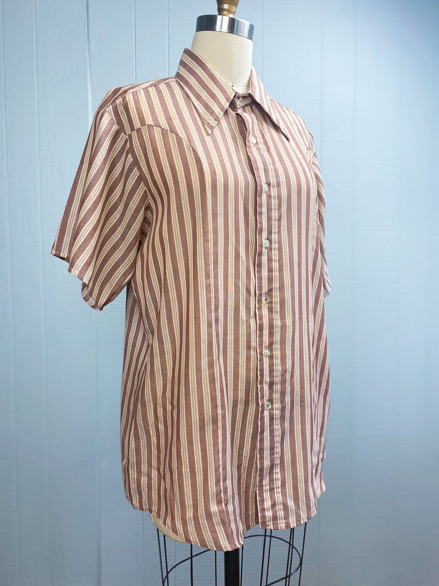 60s 70s Brown Stripe Shirt | M/L