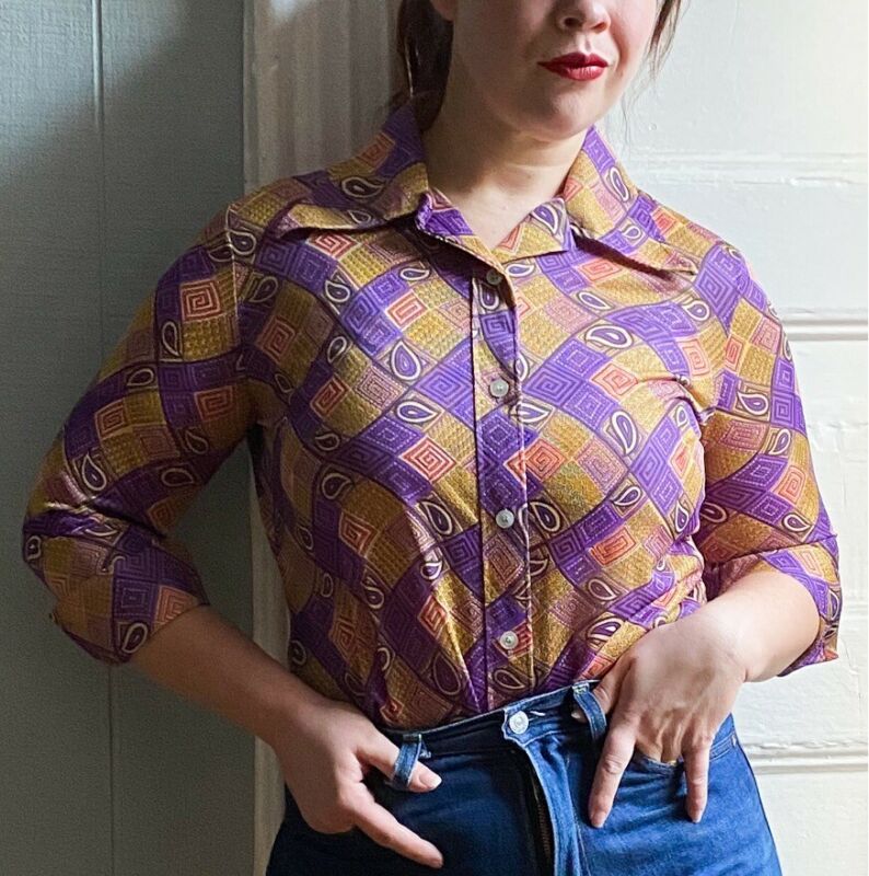 60's 70's Gold & Purple Geometric Paisley Shirt | S/M