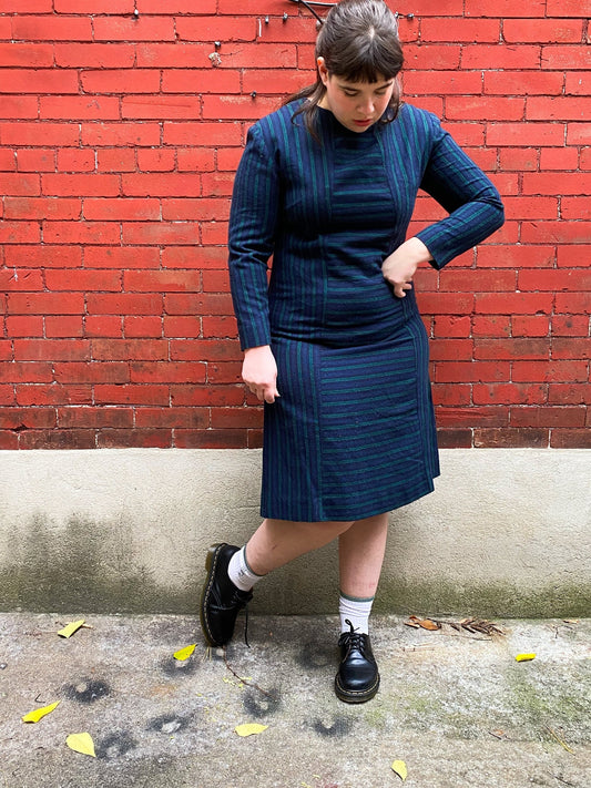 80s does 60s Navy Stripe Wool Dress