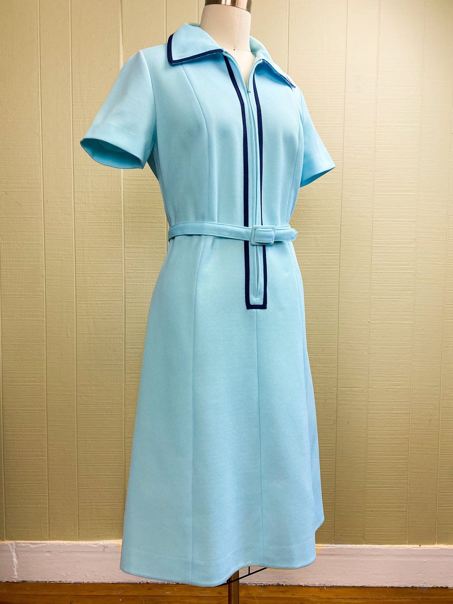 70's Light Blue Zip Front Wiggle Dress | L/XL