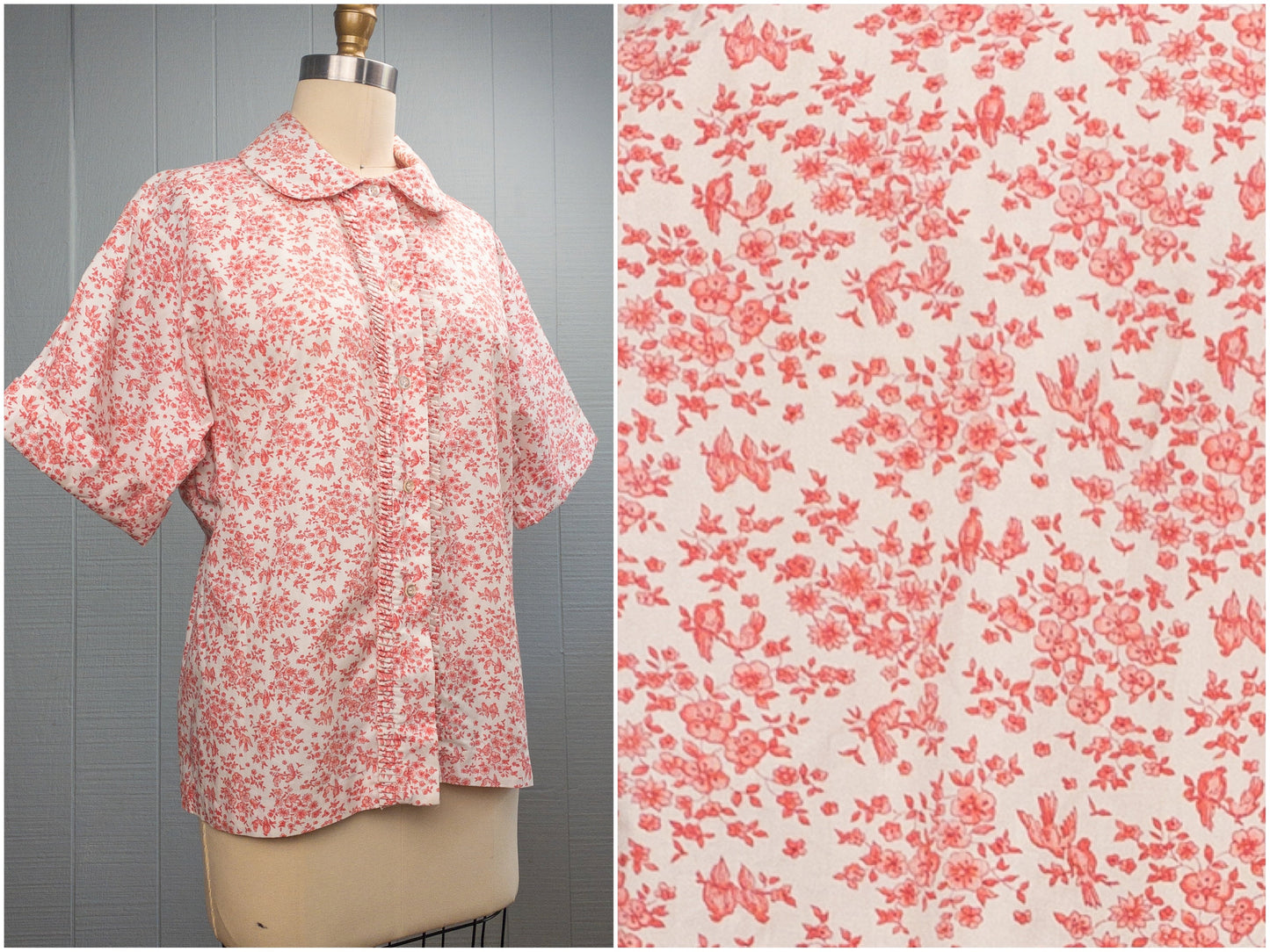 60's Cherry Blossom & Song Bird Button Shirt | L