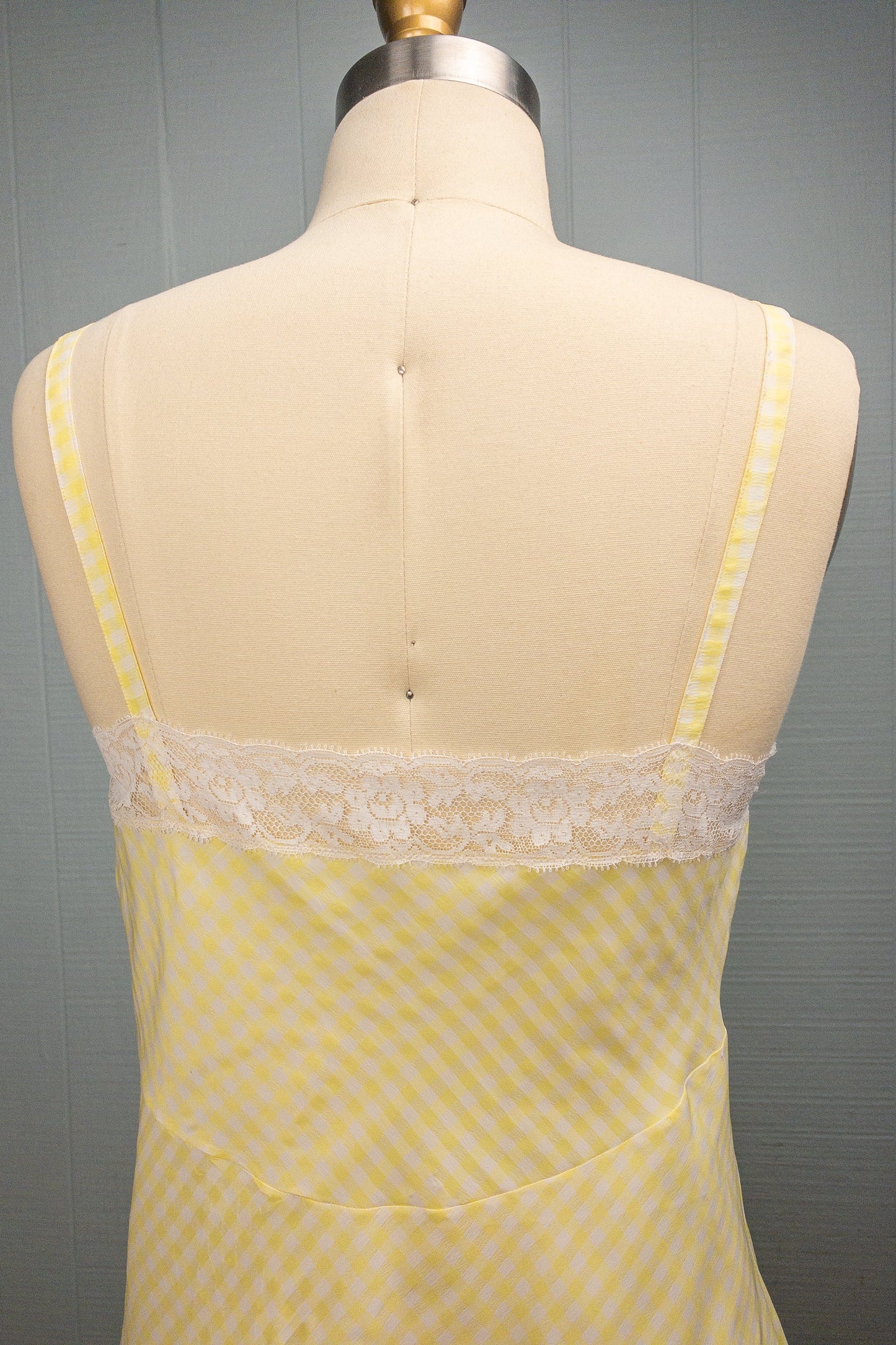 60's Yellow Gingham Lace Nightgown Slip | M