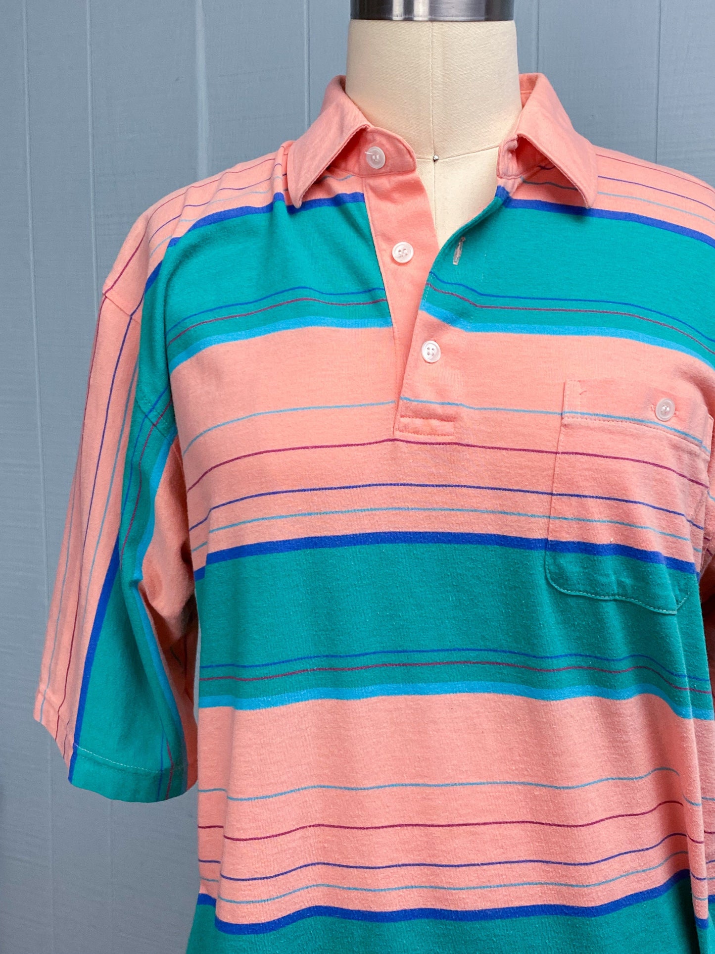 80's Salmon Pink Striped Polo Shirt | M/L