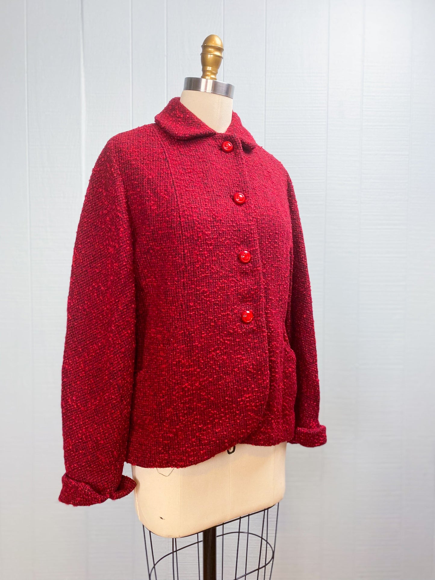 50's Cropped Wine Red Textured Wool Coat