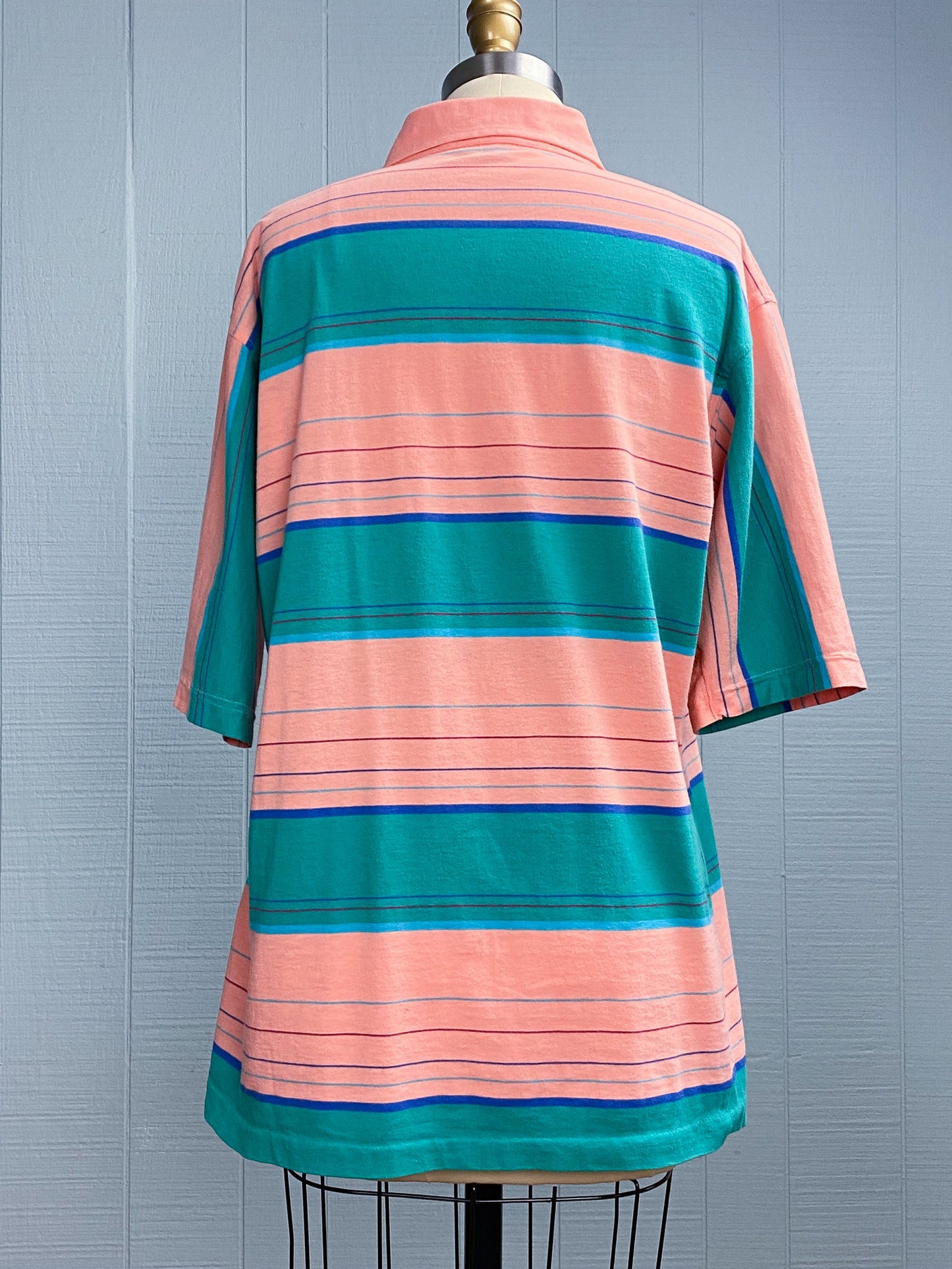 80's Salmon Pink Striped Polo Shirt | M/L