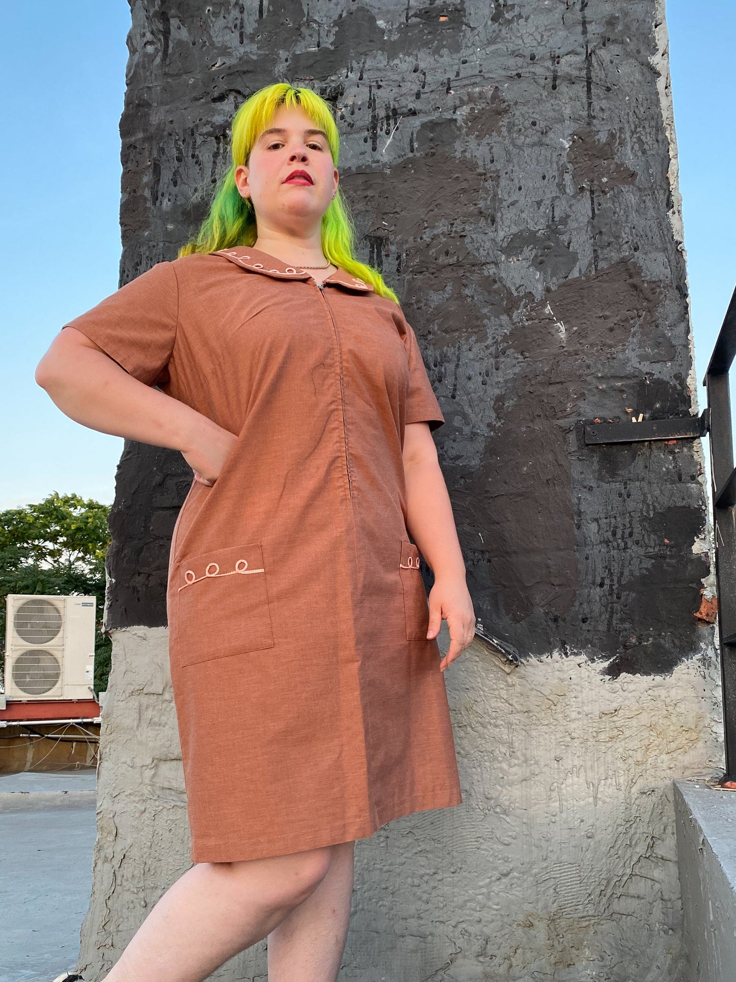 60's Brown Zip Front House Dress | XXL