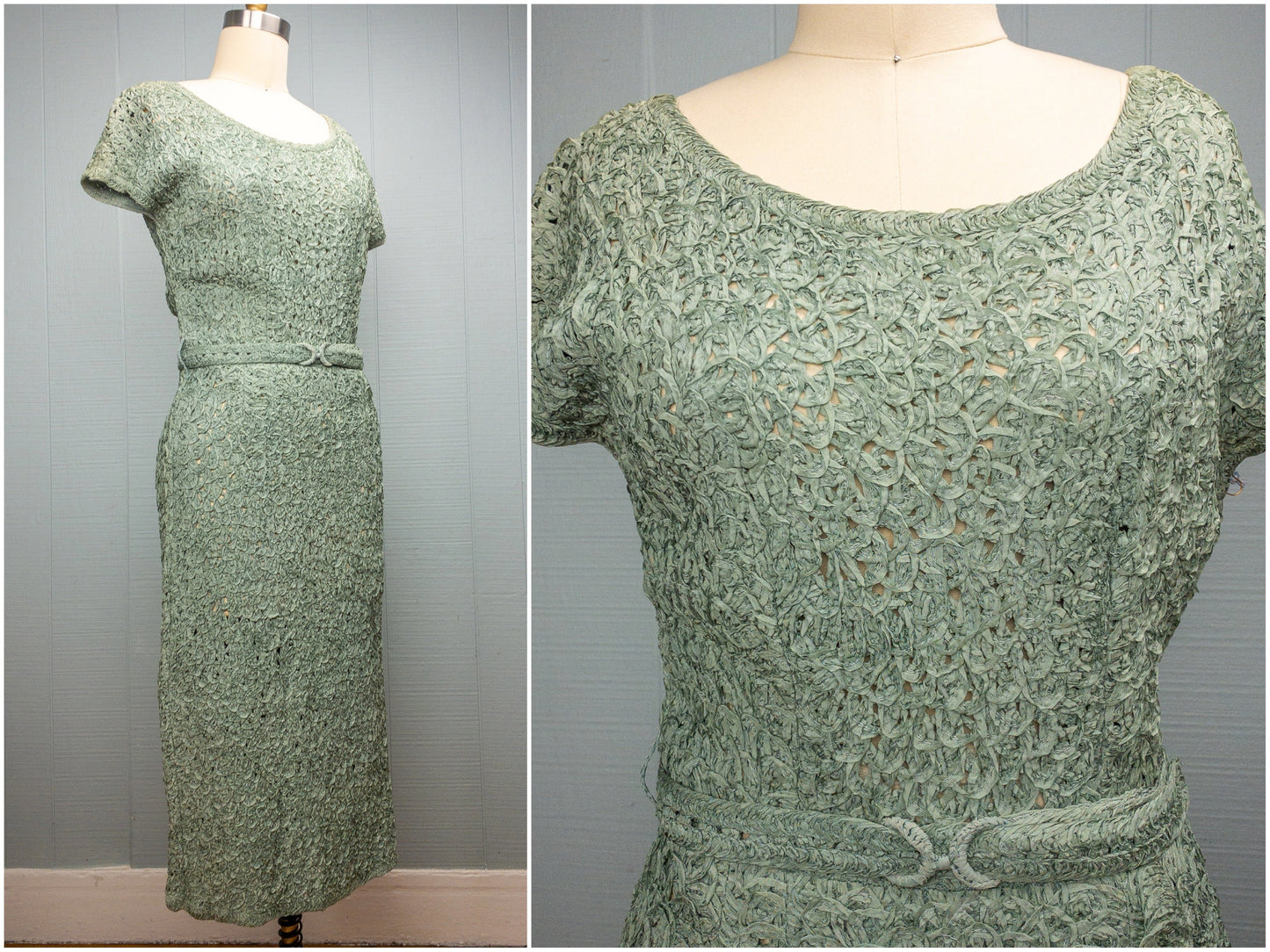 50's Pale Sage Ribbon Dress | M/L