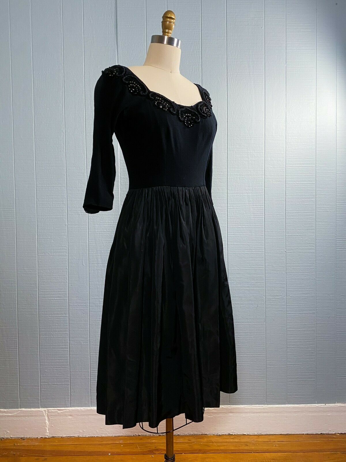40s 50s Black Jeweled Wool Ballet Dress | XS/S