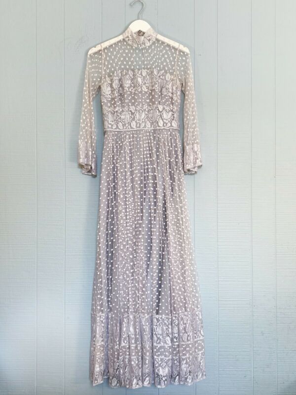 Dove Grey & White Lace Dot Sheer Maxi Dress | XS/S