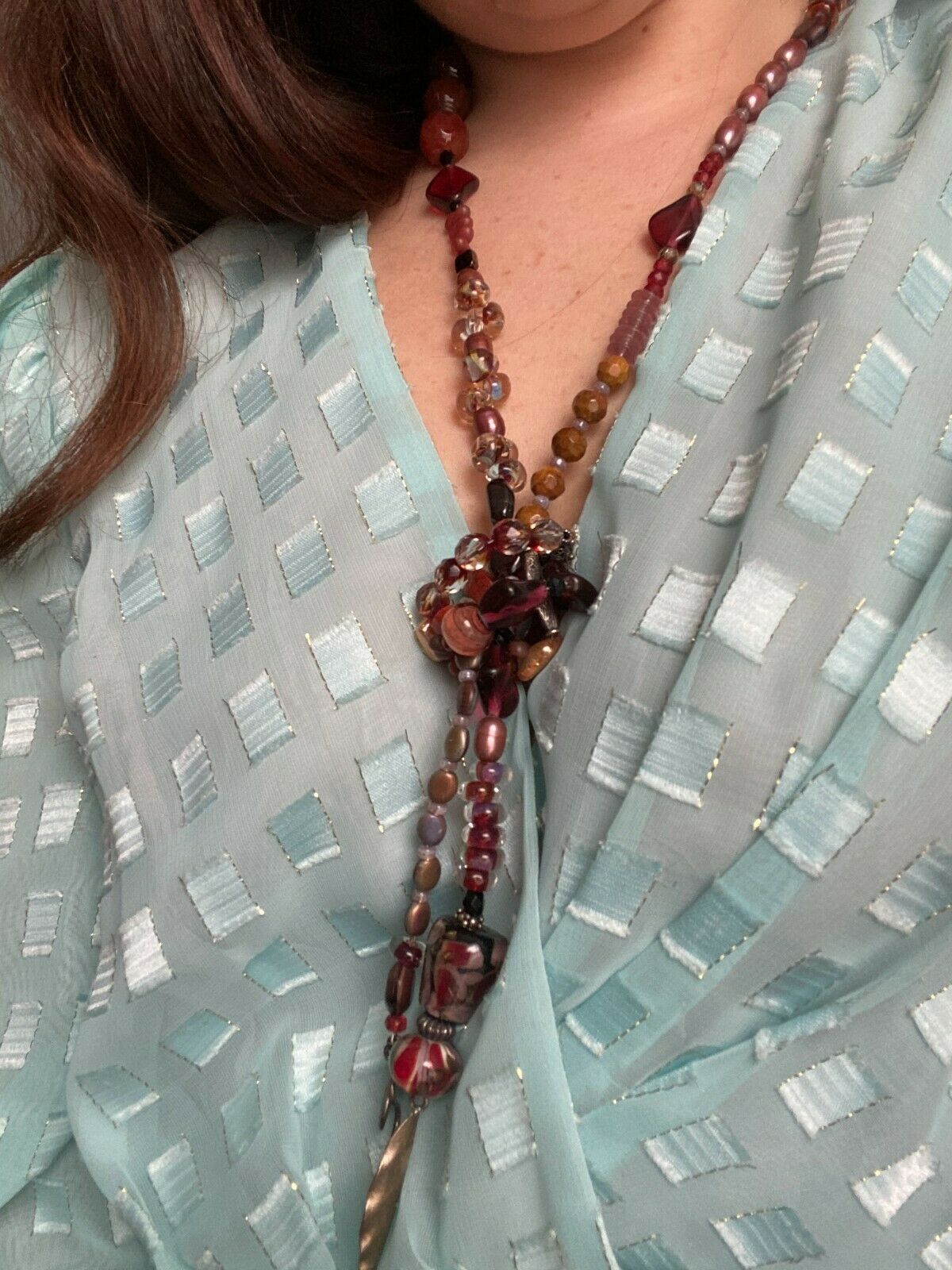 Amber & Pink Glass Pearl Bead Lariat Necklace