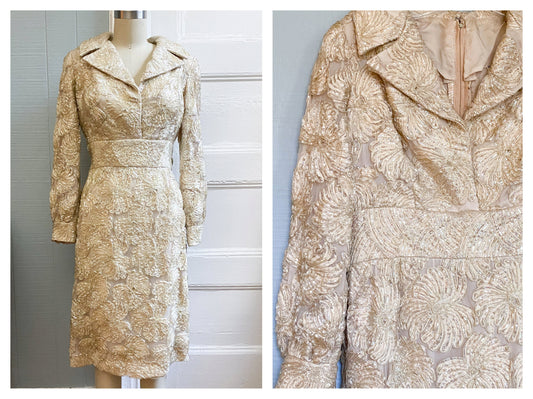 60's Cream Gold Beaded Sequin Long Sleeve Cocktail Dress | M/L