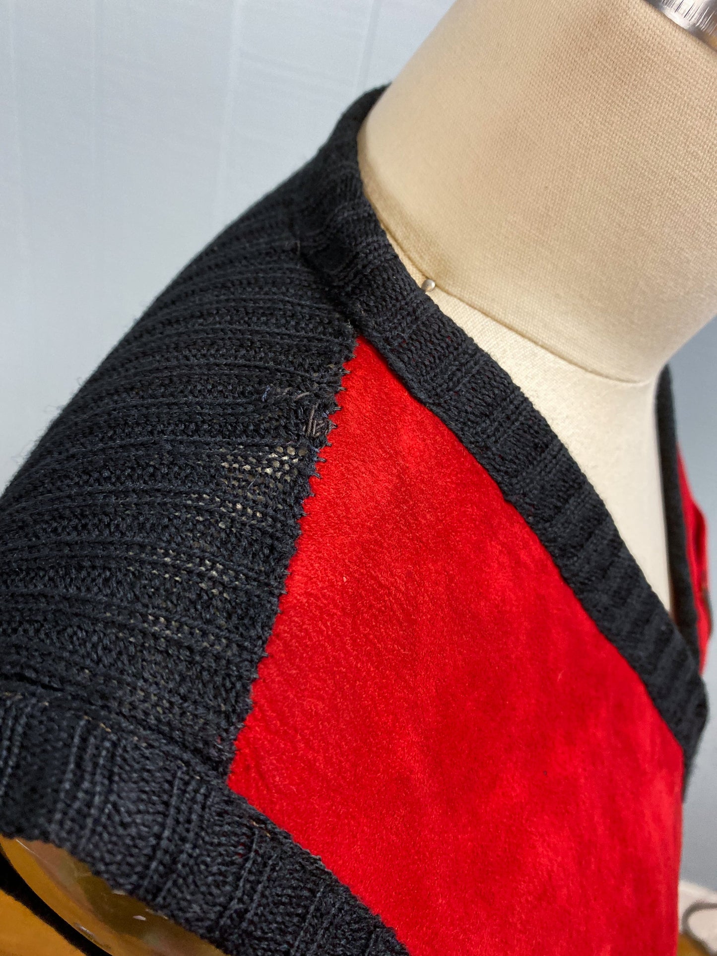 60's 70's Red Suede & Black Sweater Ribbed V Neck Vest | S/M