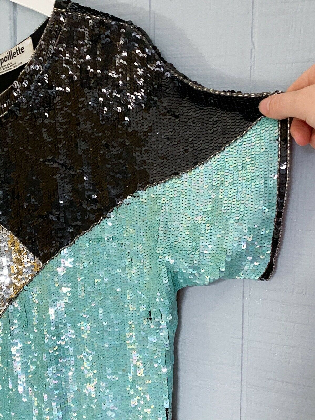 80s Teal Black Silver Colorblock Sequin Top | S/M