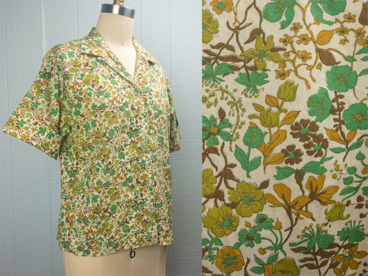 60's Jade & Mustard Floral Blouse | M/L