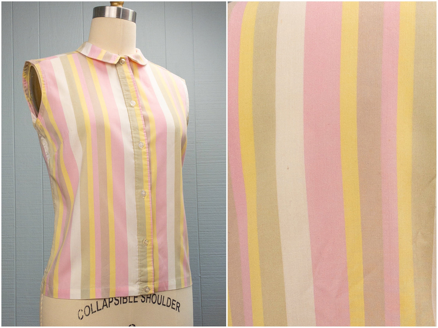 50's 60's Pale Striped Sleeveless Blouse | S/M