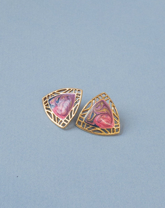 Triangular Celtic Pink Purple Swirl Enamel Filigree Pierced Post